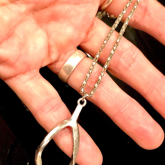 3/$32 VTG 90s Unisex Silver Tone 1.5" L Wishbone Pendant on 18" Necklace Chain - Picture 9 of 12
